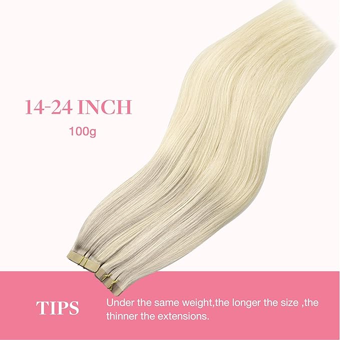 GOO GOO Tape in Hair Extensions Human Hair, 17/22/60 Ash Blonde to Golden Blonde and Platinum Blonde, 18inch 100g 40pcs, Skin Weft Seamless Invisible, Silky Straight with Thick Ends, Remy Human Hair