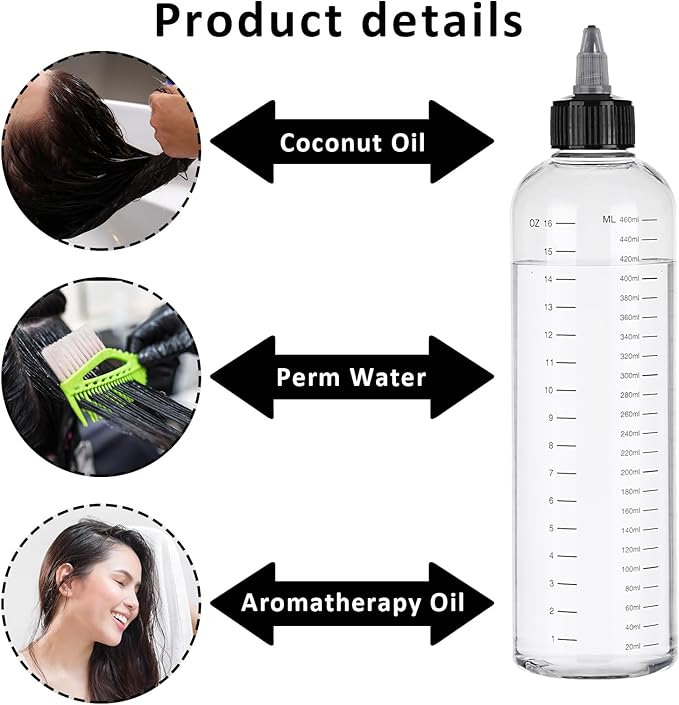 16.9oz Applicator Bottle for Hair, 2 PCS Twist-On Top Tip Cap Hair Color Bottle Applicator for Hairs with Graduated Scale, Clear Squeeze Bottles Plastic Hairs Dye Bottles, Hair-Oiling Container, 500ml