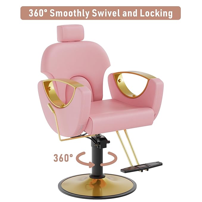 Barber Chair for Hair Stylist, Height Adjustable Hydraulic Hair Reclining Salon Chair, 360 Degrees Rotation, Multi-Function Shampoo Chair for Salon Barbershop (Modern Pink)