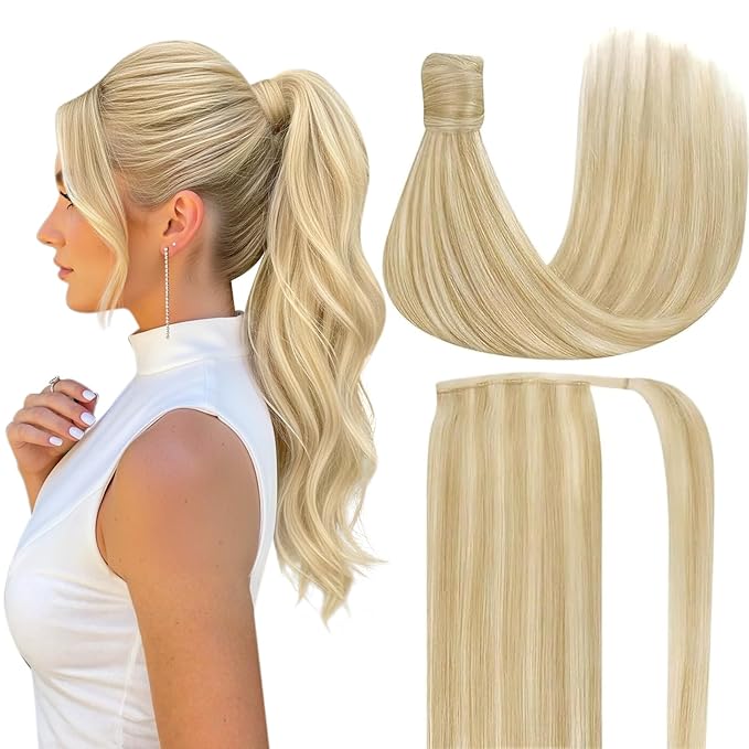 Ve Sunny Hair Extensions Ponytail Real Human Hair Wrap Around Clip in Ponytail Hair Extensions Straight Extensions Human Hair for Women Strawberry Honey Blonde Highlights Bleach Blonde 18inch 80G