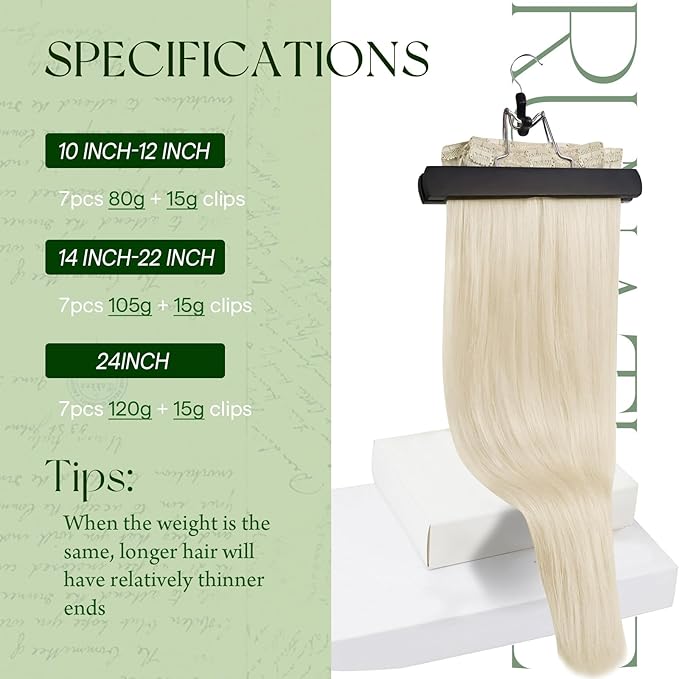 RUNATURE Blonde Human Hair Clip in Extensions, Long Clip in Hair Extensions, Clip on Hair Extensions For Women, Double Weft Remy Natural Hair, Add Hair Length, 20 Inch 120g 7pcs #800 Platinum Blonde