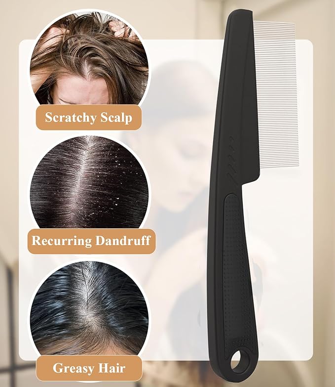 Dandruff Comb Fine Tooth Scalp Detox Comb Lice for Women, Men & Kids Stainless Steel Scalp Detoxing, Sweep & Massage Hair Brush Tool for Hair Care (Black 1PC)