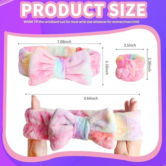 WSYUB Spa Headband and Wrist Bands, Makeup Headband and Wrist Towels for Washing Face, Fuzzy Bow Headbands, Soft Facial Head Bands, Shower Skincare Hair Sleepover Party Supplies