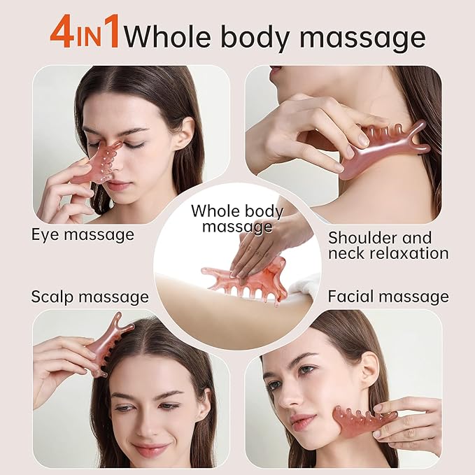 4-in-1 Acupressure Massage Comb - Portable Resin Scalp & Face Massager for Facial Toning, Head Relaxation, Eye Relief & Body Therapy | Bonus Lymphatic Drainage & Anti-Hair Loss (Pink)