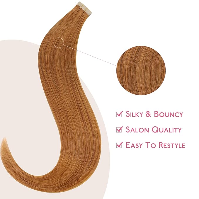 WENNALIFE Tape in Hair Extensions Human Hair Auburn Ginger Tape in Extensions, 10pcs 25g 16 inch Remy Invisible Tape Ins Straight Colored Soft Real Human Hair Tape in Extensions Refill Set Extensions