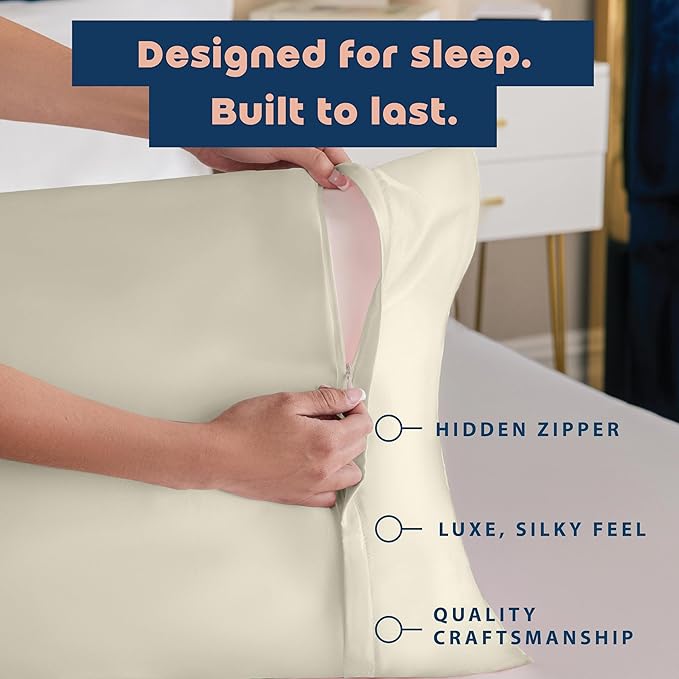 BLISSFORD Satin Pillowcase with Zipper, for Hair and Skin Care, Feels Soft and Cool Like a Silk Pillowcase, Satin Pillow Cases 2 Pack, Slik Pillow Cover, Ivory - King Size, Set of 2