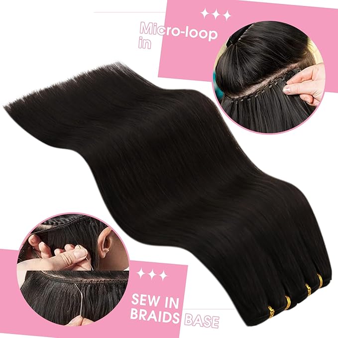 YoungSee Human Hair Sew in Extensions Darkest Brown Weft Extensions Long Straight Hair Sew in Bundles Human Hair Dark Brown 22Inch 100G