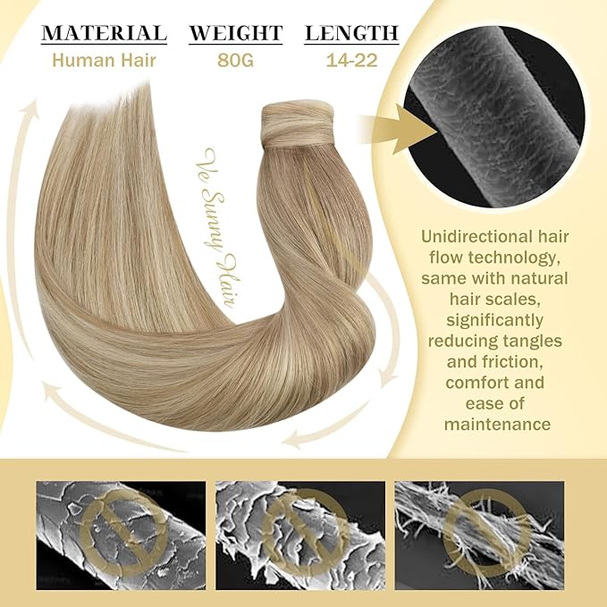 Ve Sunny Hair Extensions Ponytail Real Human Hair 80G Wrap Around Clip in Ponytail Hair Extensions Straight Extensions Human Hair for Women Dark Blonde Highlights Golden Blonde 14inch