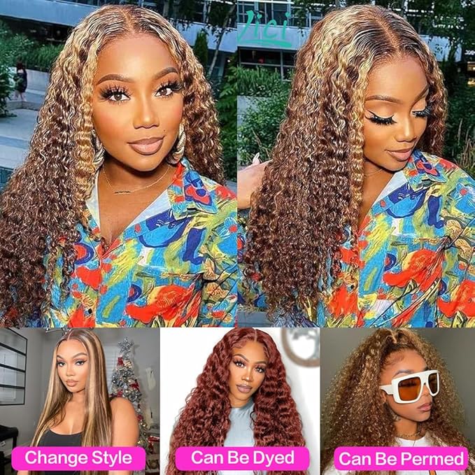 30inch Highlight Ombre Lace Front Wig Human Hair 13x6 HD Honey Blonde 4/27 Deep Wave Lace Frontal Wigs Glueless Wigs Human Hair (Highlight Ombre Lace Front Wig, 4/27 blonde wig-32 inch, deep wave)