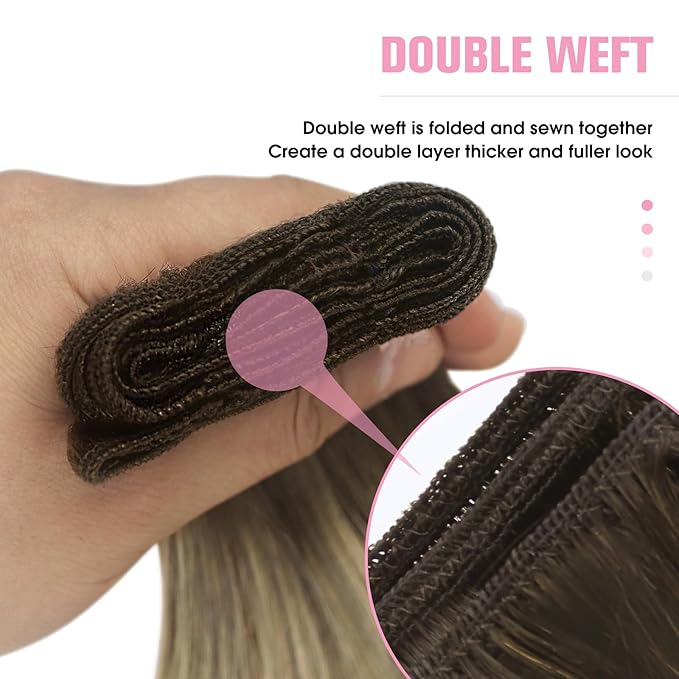 YoungSee Weft Hair Extensions Ombre Sew in Hair Extensions Walnut Brown Ombre Light Brown with Blonde Hair Extensions Weft Real Human Hair Bundle One Piece for Women 14Inch 100G