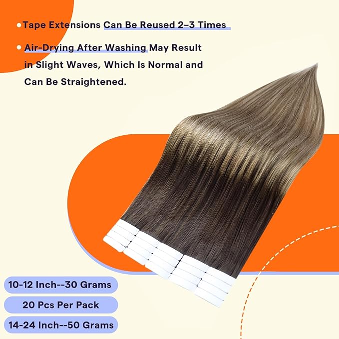 Full Shine Tape in Hair Extensions Human Hair 14 Inch Color 2/6/18 Brown Ombre Ash Blonde Remy Balayage Seamless Skin Weft Tape Ins Human Hair Extensions 20PCS Straight Fashion 50g for Women