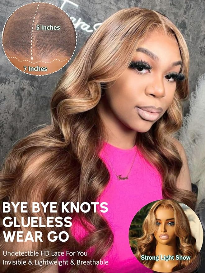 KLAIYI Bye Bye Knots Glueless Wig Highlight Blonde Body Wave Pre Cut 7x5HD Lace Front Wigs Human Hair Pre Plucked Pre Bleached Pre Everything Wear and Go Wig 12A Ombre Brown 30S Ready To Wear 28Inch
