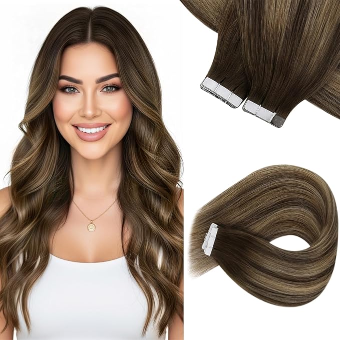 Sunny Hair Tape in Extensions for Women Real Hair 16 inch 100g Tape in Hair Extensions Human Hair Dark Brown Balayage Caramel Blonde Hair Extensions Tape in 40Pcs
