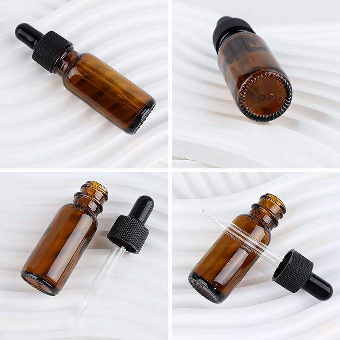48 Pack 1/2 oz (15ml) Amber Glass Bottles with Glass Eye Droppers for Essential Oils, Perfumes & Lab Chemicals (Brush, Funnels, 2 Extra Droppers, Labels & Measuring Cup Included)