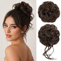 CJL HAIR 2PCS Messy Bun Hair Pieces Wavy Curly Synthetic Updo Chignon Fake Scrunchies Ponytail Extension for Women Dark Chocolate