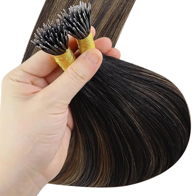 YoungSee Nano Bead Hair Extensions Human Hair Brown 18 inch Nano Ring Hair Extensions Human Hair Balayage Nano Hair Extension Dark Brown Ombre Browns Pre Bonded Nano-Tip Hair Extension 50s 50g
