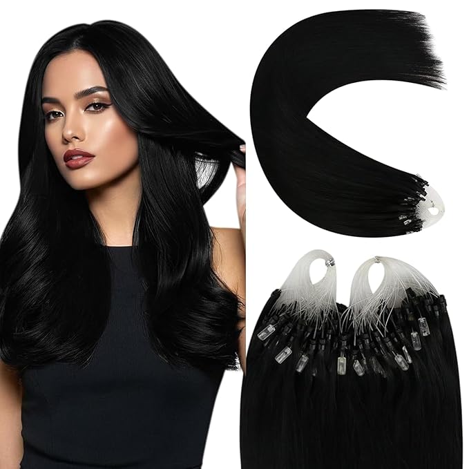 YoungSee Micro Loop Hair Extensions Real Human Hair Black Micro Bead Hair Extensions Real Human Hair Jet Black Beaded Hair Extension Long Hair 22In 50g Microring Hair Extension Remy Hair 50s