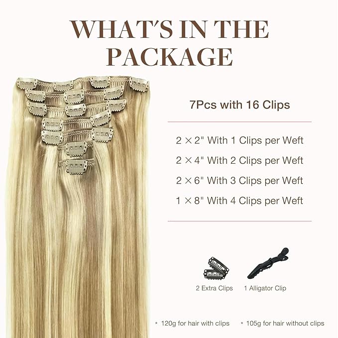GOO GOO Clip in Hair Extensions Real Human Hair, Remy Human Hair Extensions Clip ins for Women, Natural Human Hair, 22inch 170g 7Pcs, #16/22 Light Blonde Highlighted Golden Blonde