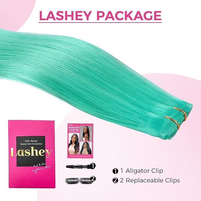 Lashey Seamless Clip in Hair Extensions Human Hair 4pcs 37g Green 16 Inch Straight Hair Extensions Clip ins with PU Soft Invisi Edge