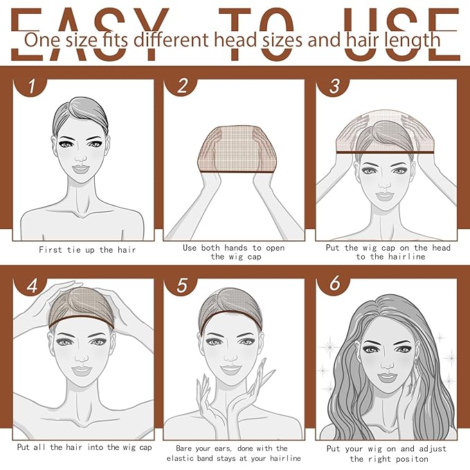 Fandamei Wig Cap, 6PCS Wig Caps for Women Kids Brown, Mesh Wig Cap Net, Closed End Hair Nets, Nylon Hair Net for Wigs for Halloween Rave Party Cosplay
