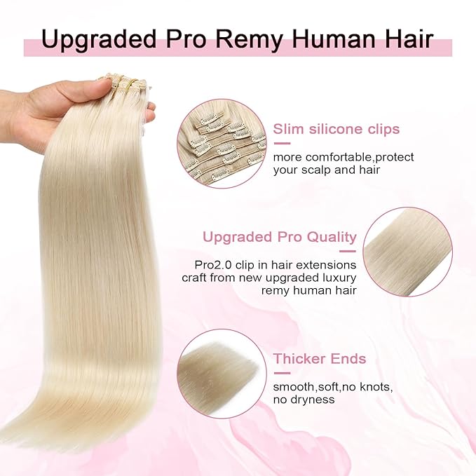 Pro2.0 Clip in Hair Extensions Real Human Hair 20inch 7pcs Color #60 Platinum Blonde Remy Real Human Hair Extensions Clip ins 120g Thick Seamless Double Weft for Women（#60-20inch）