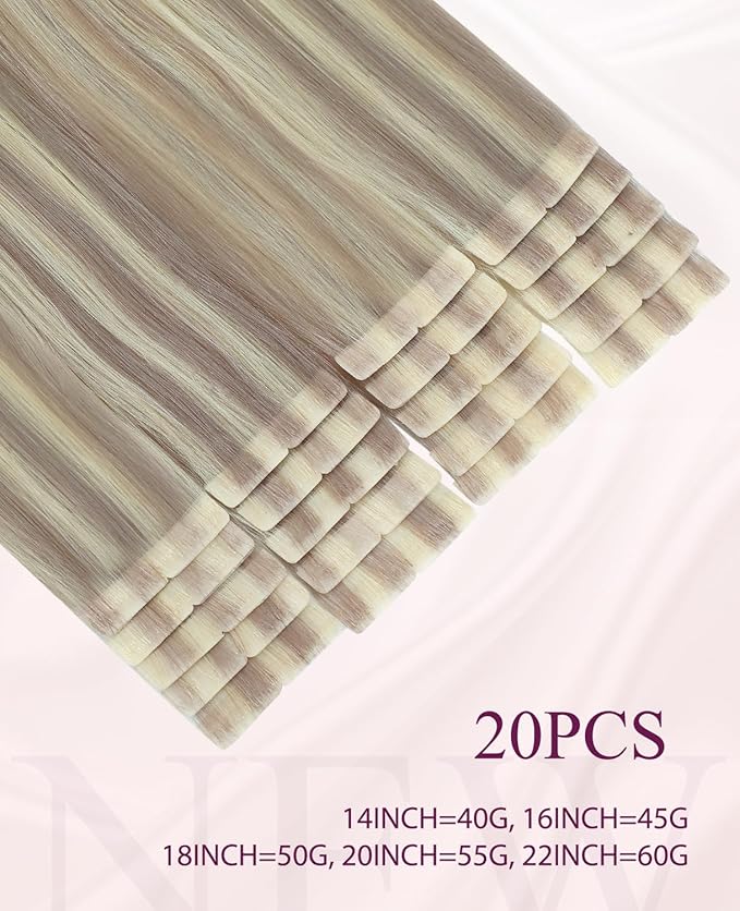 Pinkpearl Invisible Tape in Hair Extensions Human Hair, 20pcs 20inch 55g #18P60 Ash Blonde Highlighted Platinum Blonde Injection Tape in Extensions Real Remy Seamless Human Hair Injected