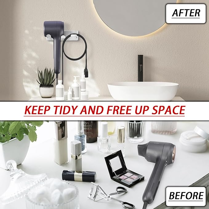 Hair Dryer Holder, Wall Mounted Rack Compatible with All Hair Dryer, Space Organizer for Bathroom/Bedroom/Washroom/Barbershop, 304 Stainless Steel, Self Adhesive (Silver)