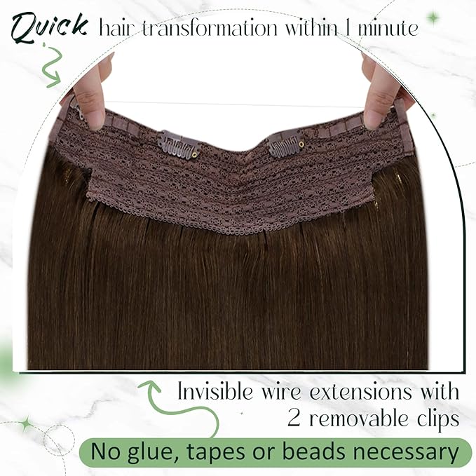 RUNATURE Wire Hair Extensions Real Human Hair Brown, Invisible Wire Hair Extensions 16 Inch, Remy Straight Hair for Party, Natural Looks, Can be Styled #4
