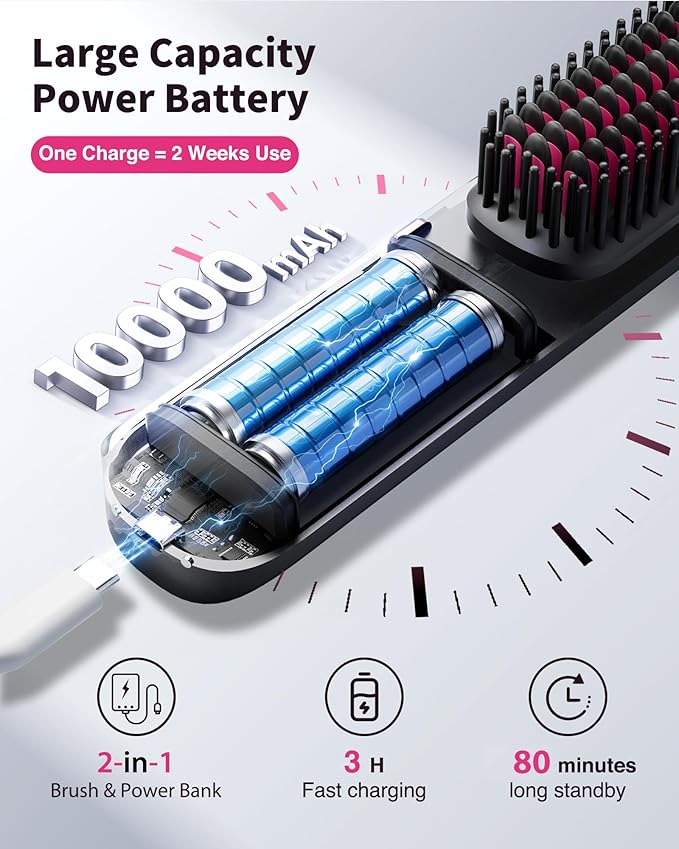 Cordless Hair Straightener Brush - Portable Hair Straightening Brush for Travel - 300M Negative Ions for Frizz-Free Shine, Touch Up On-The-Go, Fast Heating, Gift for Women, 10,000mAh, Charcoal Black