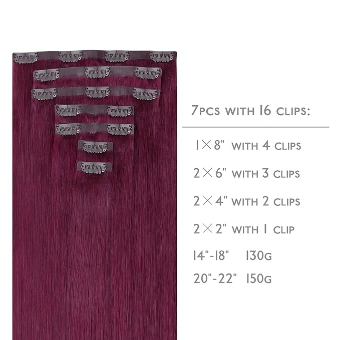 WENNALIFE Seamless Clip In Hair Extensions Human Hair, 22 Inch 150g 7pcs Light Burgundy Real Hair Extensions Clip in Human Hair Invisible PU Skin Weft Natural Remy Human Hair Extensions