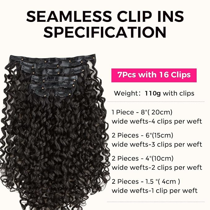 Lashey Seamless Clip in Hair Extensions Human Hair 110g 7pcs Burmese Curly Natural Black 20 Inch Real Human Hair Extensions Clip Ins with Soft PU Weft for Women