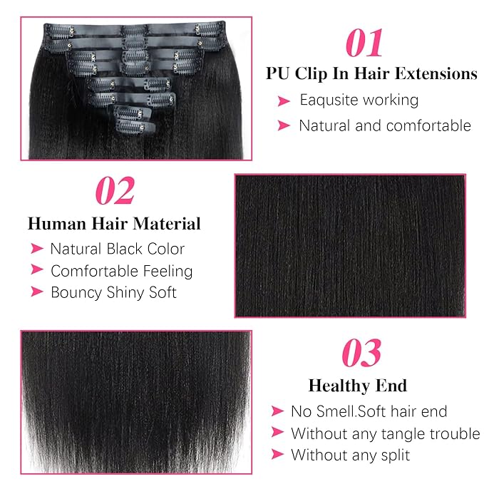 Seamless PU Yaki Straight Clip in Hair Extensions Real Human Hair For Women Invisible Yaki Straight Clip ins (12inch,#1B)