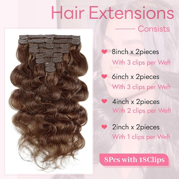 Clip in Hair Extensions Real Human Hair Body Wave 4 Chocolate Brown Clip in 100% Brazilian Remy Human Hair Extensions 8pcs Per Set with 18 Clips Double Weft 18 Inch 100g/3.6oz