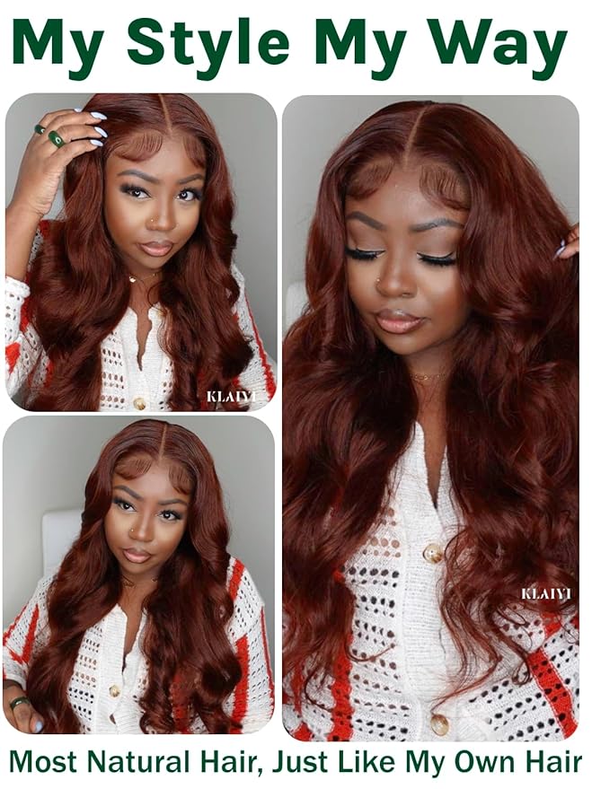 KLAIYI Bye Bye Knots Glueless Wig Reddish Brown Body Wave 7x5 Pre Cut HD Lace Front Wigs Human Hair Put On And Go Wig Pre Bleached Pre Plucked with Baby Hair 30S Ready To Wear 150% Density Full 18Inch