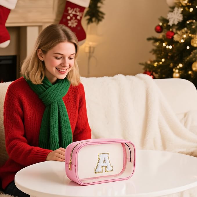 YOOLIFE Initial Make Up Bag Travel Toiletry Bag, Clear Makeup Bag Preppy Cosmetic Bag Travel Essentials Gifts for Women Teen Girlfriend Teacher Mom Birthday Daughter Gifts Swim Gifts For Girls White G