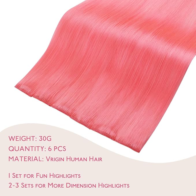 WENNALIFE Light Pink Clip in Hair Extensions Real Human Hair 35g 6pcs 22 Inch Colored Hair Extensions for Kids Women Colorful Hair Pieces Pop-up Style Straight Extensiones De Cabello Humano Con Clip