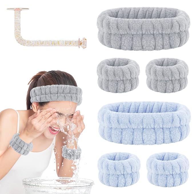 Face Wash Headband and Wristband Set of 2, Wrist Towels with Holder Microfiber Wristbands for Washing Face Absorbent Spa Wristbands Wrist Scrunchies