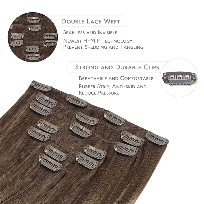 WENNALIFE Clip in Hair Extensions - Real Human Remy Hair, 18 Inch 120g 7pcs Balayage Chocolate Brown to Honey Blonde