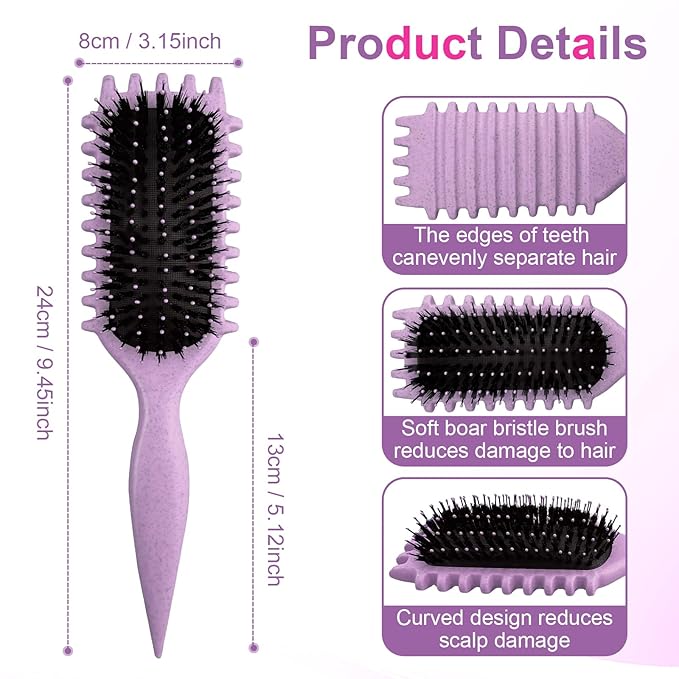 Curly Hair Brush,Curl Defining Brush,Boar Bristle Hair Brush for Combing and Shaping,Reduce Pulling and Curl Separation For Defined Curls(Purple)