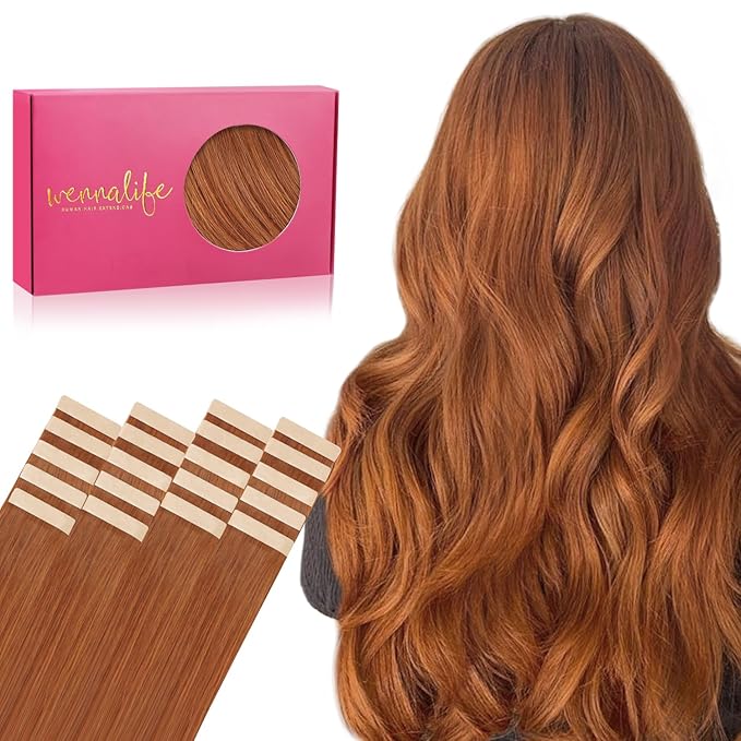 WENNALIFE Tape in Hair Extensions Human Hair, 20pcs 50g 22 inch Dirty Ginger Remy Hair Extensions Straight Human Hair Tape in Extensions Skin Weft Tape Extensions Human Hair