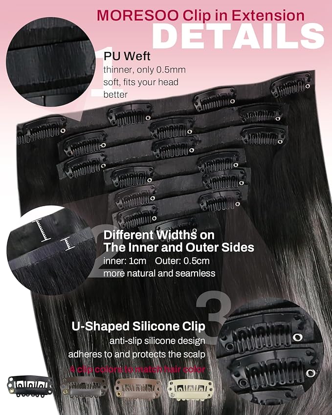 Moresoo Seamless Clip ins Human Hair Extensions Balayage Black to Silver Human Hair Clip in Extensons Ombre Black and Silver Gray PU Seamless Clip in Hair Extensions Human Hair 7Pcs 120G 20inch