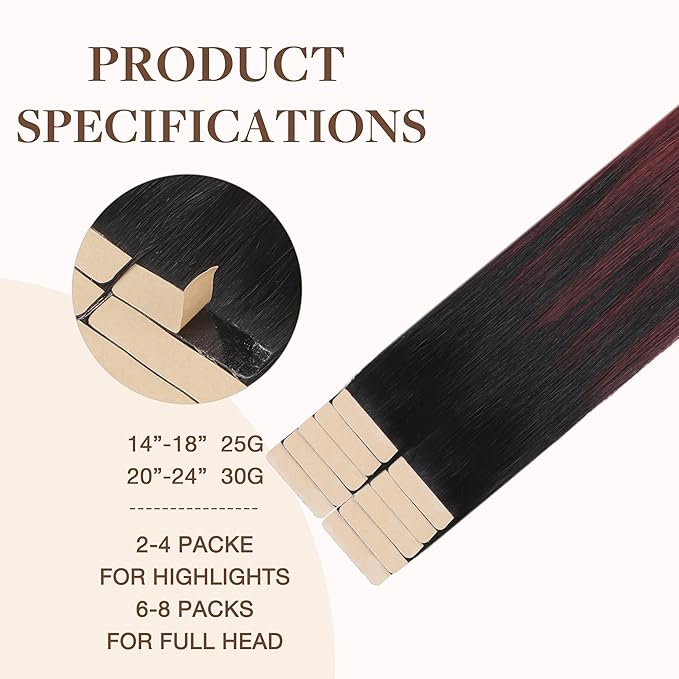 GOO GOO Tape in Hair Extensions Human Hair, 1/99 Balayage Jet Black to Red, 24inch 30g 10pcs, Skin Weft Seamless Invisible, Silky Straight with Thick Ends, Remy Human Hair