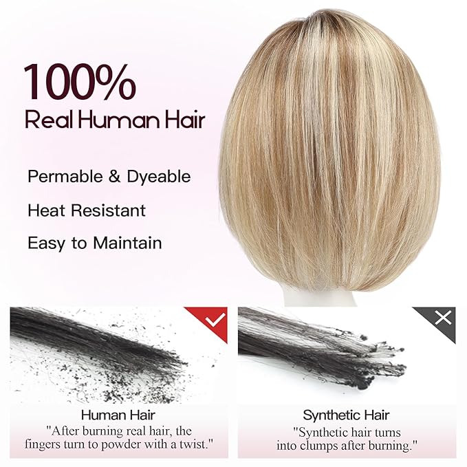 EMMOR Human Hair Toppers for Women Short Bob Real Hair with Bangs 10" Side Part Hairpieces for Women with Thin Hair 6.5" × 6.5" Larger Base Human Wig Toppers(Ombre Blonde & Brown Highlight)