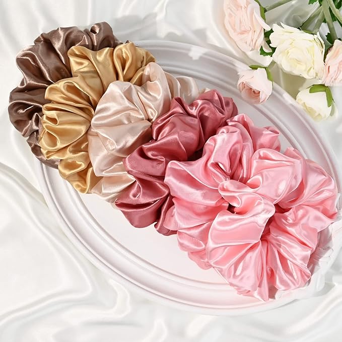 CEELGON Large Silk Satin Scrunchies for Women - Big Jumbo Hair Ties for Thick Curly Hair - Pack of 6 (Black, Pink, Dusty Blue, Gold, White)
