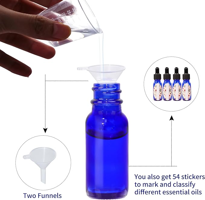 48 Pack 1/2 oz (15ml) Cobalt Blue Glass Bottles with Glass Eye Droppers for Essential Oils, Perfumes & Lab Chemicals (Brush, Funnels, 2 Extra Droppers, Labels & Measuring Cup Included)