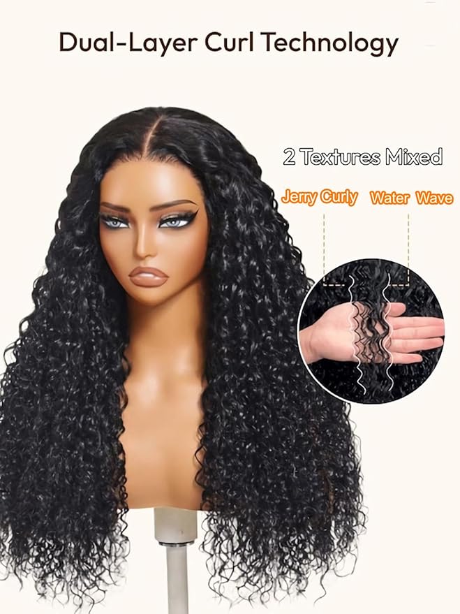 Julia Hair Bye Bye Knots Wig 13x4 Glueless Wigs Human Hair Mixed Curls Water Wave and Jerry Curly Fluffy Wig Pre Everything Pre Plucked Pre Cut HD Lace Bleached Knots Natural Black 16 Inch