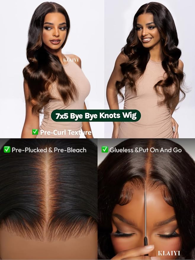 KLAIYI Ombre Brown Body Wave Bye Bye Knots Glueless Wig Pre Cut 7x5 HD Lace Front Wigs Human Hair Chestnut Brown Loose Wave Pre Plucked Bleached Wear and Go Wig with Dark Roots 30S Ready to Go 26Inch