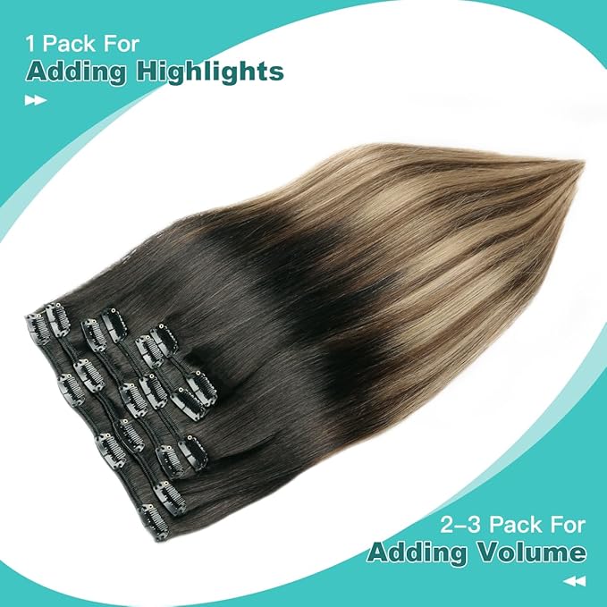 SURNEL Clip in Extensions Human Hair Natural Black to Chocolate Brown and Caramel Blonde Clip in Hair Extensions 18inch 6pcs 120g(#1B/4/27,18'')