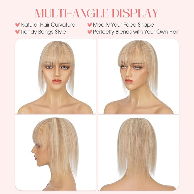 Hairro Mono Hair Toppers with Bangs, 3.4" x 3.4" Mono Base 100% Real Human Hairpieces for Women, 150% Density Clips In Topper for Greyish Thinning Hair, 10 Inch Golden Brown Mix Bleach Blonde