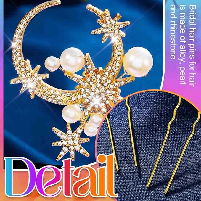 Kilshye Rhinestone Bridal Hair Pins Gold Pearl Wedding Hair Accessories Star Hair Pieces for Women (Pack of 3)
